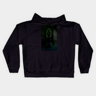 Digital collage, special processing. Strong guy, raised his hands, near big stone. Dark water, mystic. Green and dim. Kids Hoodie